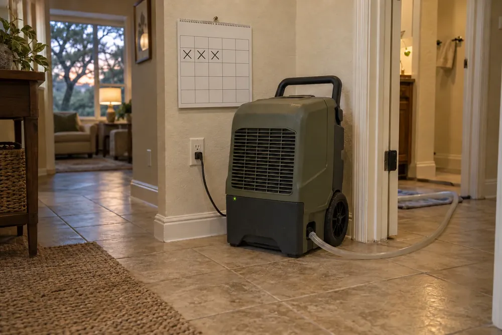 Wall calendar with three days crossed off beside a running dehumidifier on tile flooring