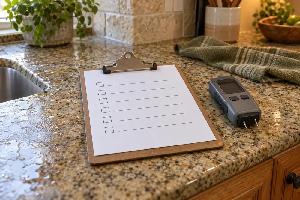 Clipboard and moisture meter on a damp granite countertop
