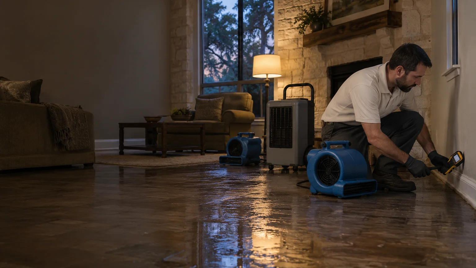 A technician kneels at a living room wall reading a moisture meter beside air movers and a dehumidifier.
