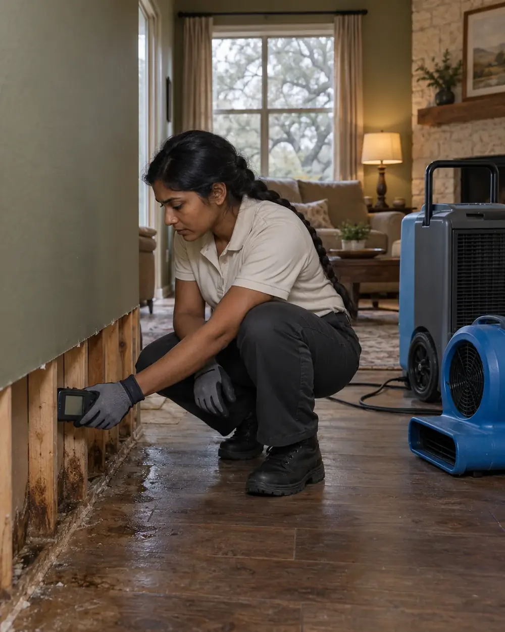 A technician crouches beside a wall cut open near the floor, checking it with a moisture meter.