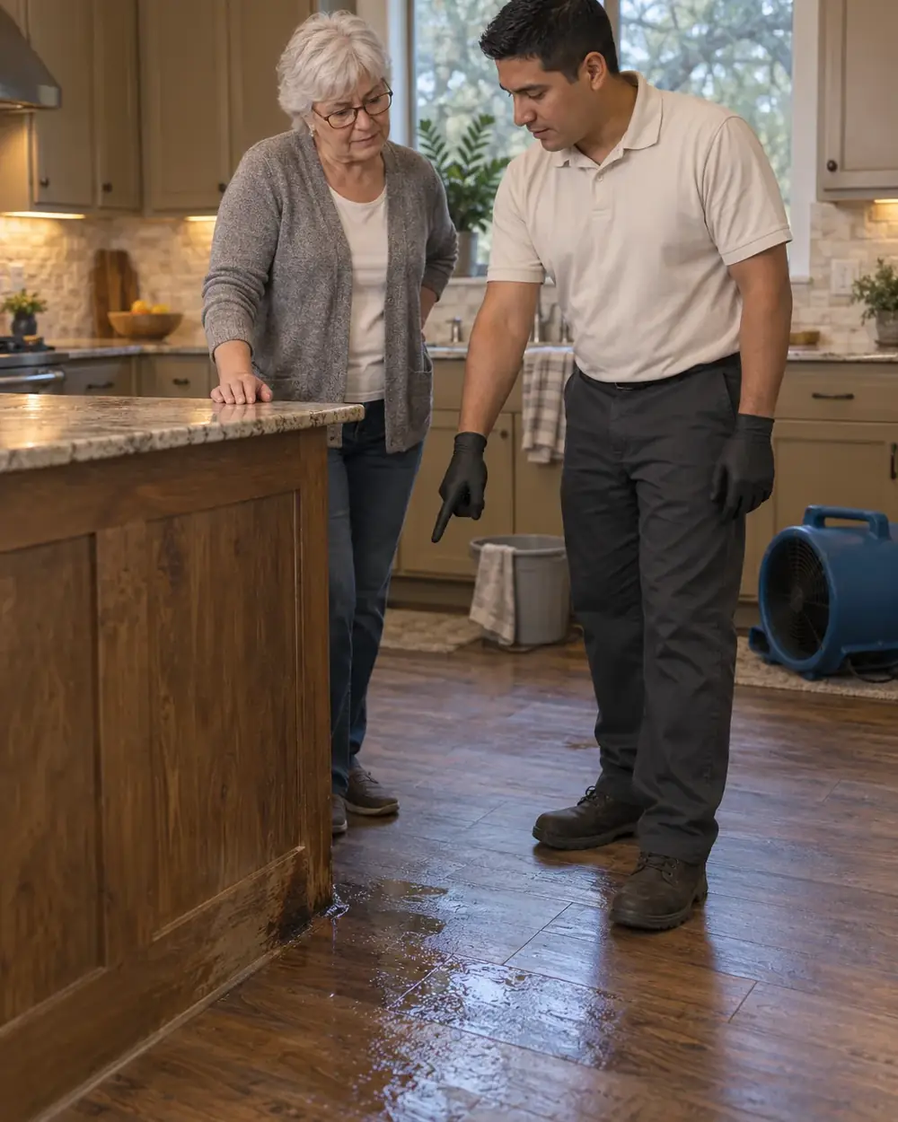 A technician in work gloves points at a damp kitchen floor while talking with a homeowner.
