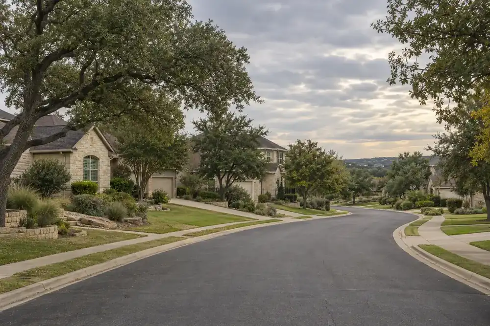 Illustration of a typical residential street in the Steiner Ranch, TX area